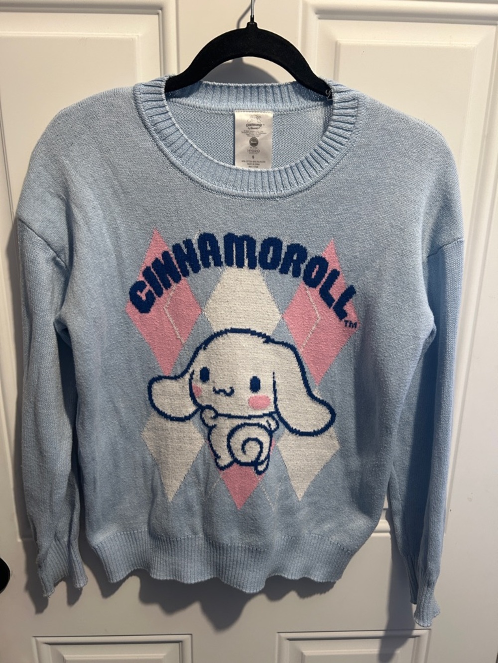 Sanrio Cinnamoroll Pastel Blue Knit Sweater with Pink & Navy Accents